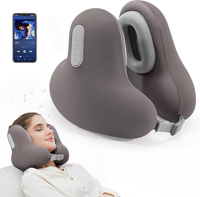 Travel Neck Pillow with Bluetooth Headset, Memory Foam Airplane Pillow for Head Support